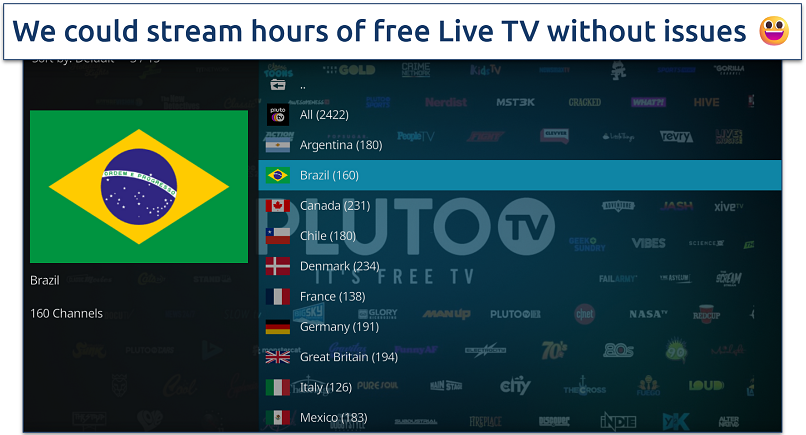 Screenshot of Pluto TV addon on Kodi showing Brazil channel selection