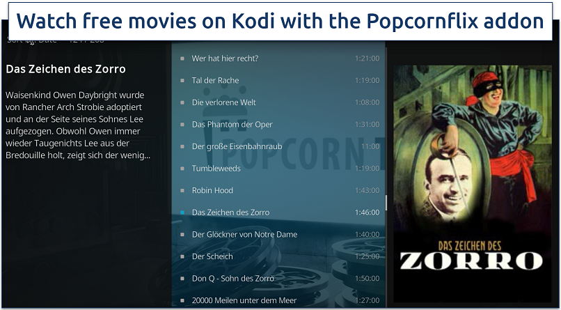 Screenshot of Popcornflix addon on Kodi showing classic film Das Zeichen des Zorro