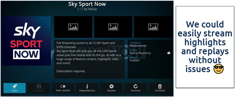Screenshot of Sky Sport Now addon installation screen on Kodi