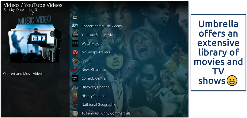 Screenshot of the Umbrella list of channels on Kodi