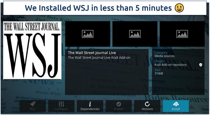 Screenshot of Wall Street Journal Live addon installation screen on Kodi