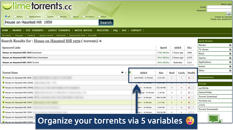 Screenshot of the House on Haunted Hill (1959) search results page on LimeTorrents.