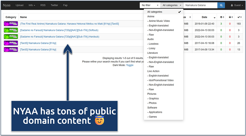 Screenshot of the Namakura Gatana search results page on NYAA, showing multiple subtitle releases and the category filter dropdown menu