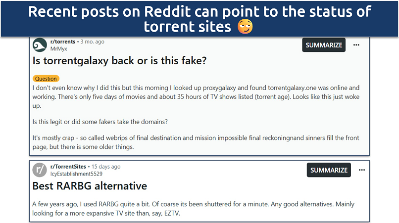 Screenshot of Reddit posts talking about TorrentGalaxy and RARBG