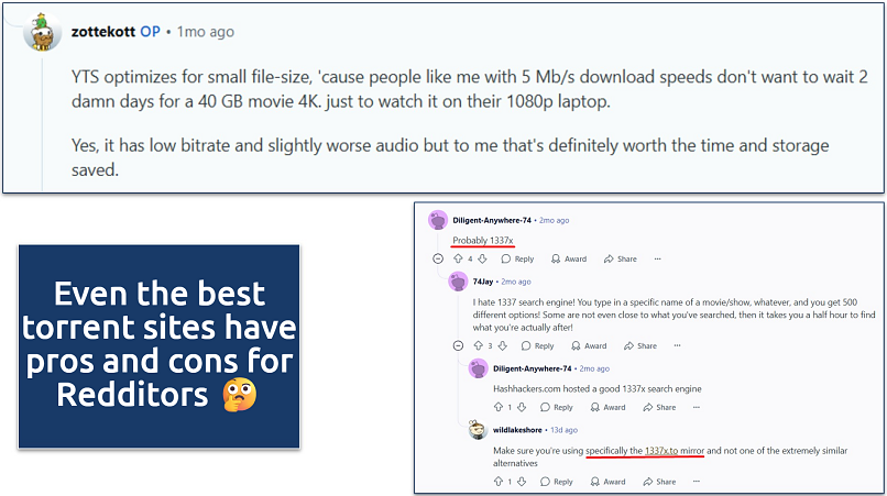 Screenshot of Reddit screenshots talking about 1337x and YTS