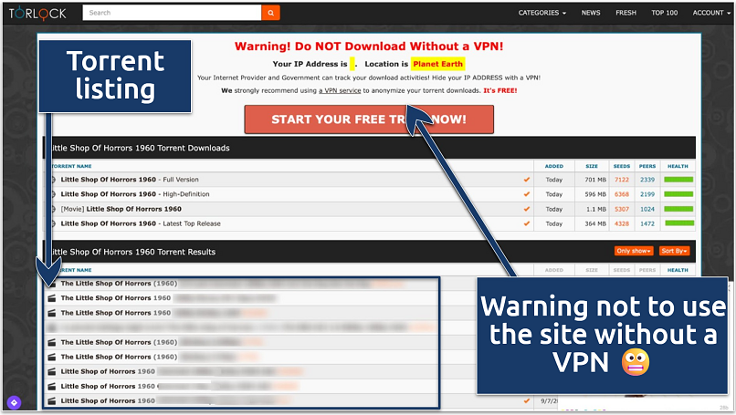 Screenshot of The Little Shop of Horrors (1960) search results page on TorLock