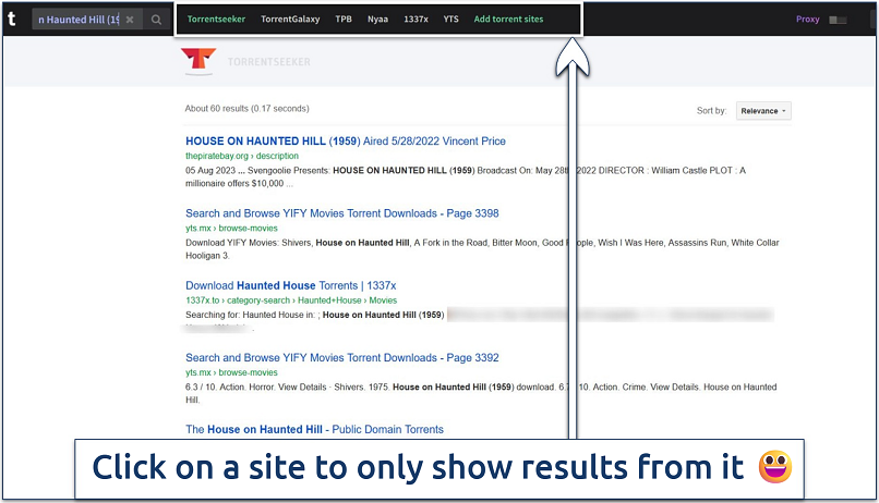 Screenshot of House on Haunted Hill (1959) search results page on Torrends