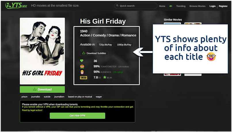 Screenshot of the His Girl Friday title page on YTS
