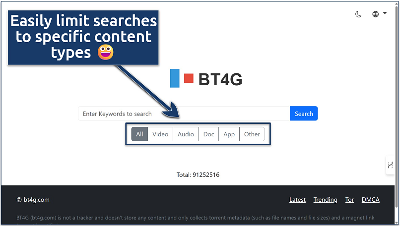 Screenshot of the BT4G home search page