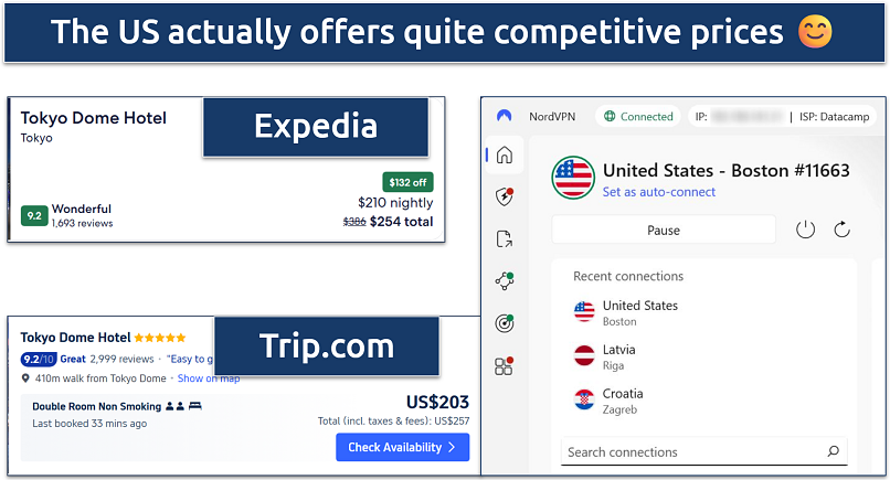 Screenshot of prices for booking the Tokyo Dome Hotel on Expedia and Trip.com while connected to NordVPN's Boston location