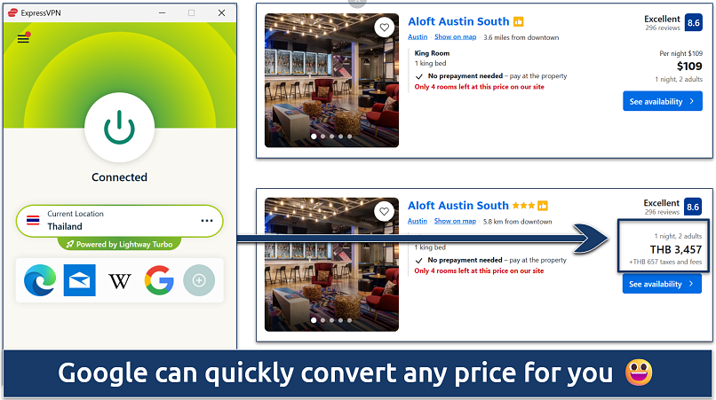 Screenshot of the Aloft Austin South's hotel prices on Booking.com while connected to ExpressVPN's Thailand server