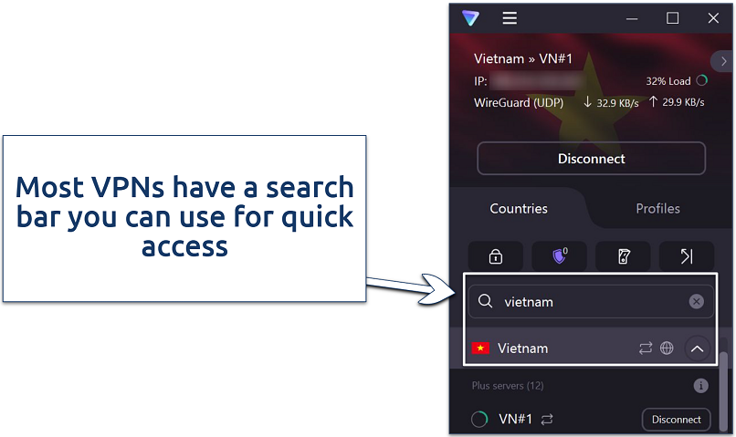 Screenshot of ProtonVPN's Windows app connected to a Vietname server highlighting its server location search bar