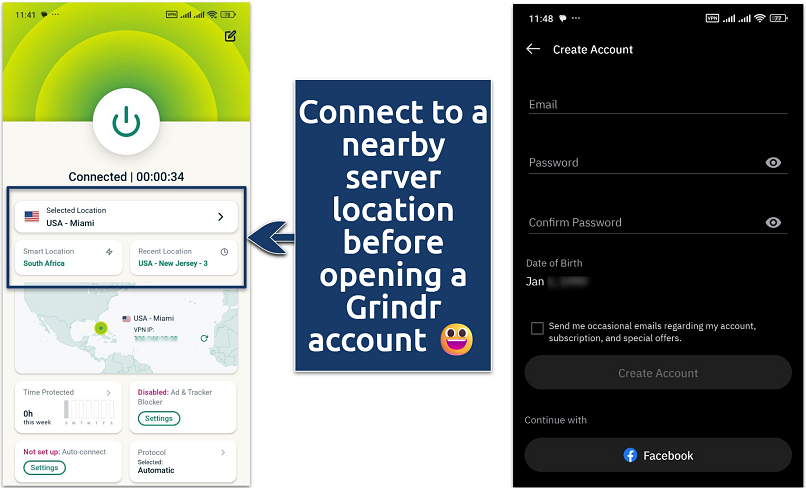An image of connected VPN and Grindr app sign up page