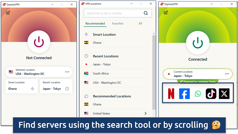Screenshots of the ExpressVPN app for Windows: not connected, the server location menu, and connected to Japan with shortcuts for social websites 