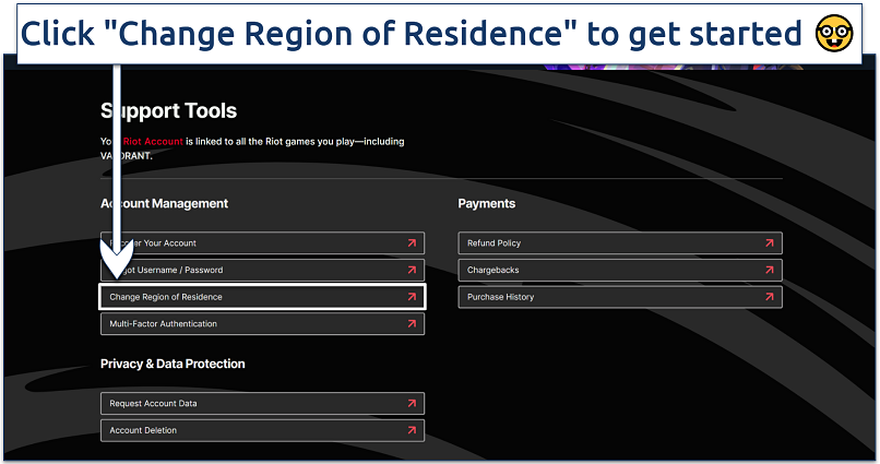 Screenshot of Riot's support page