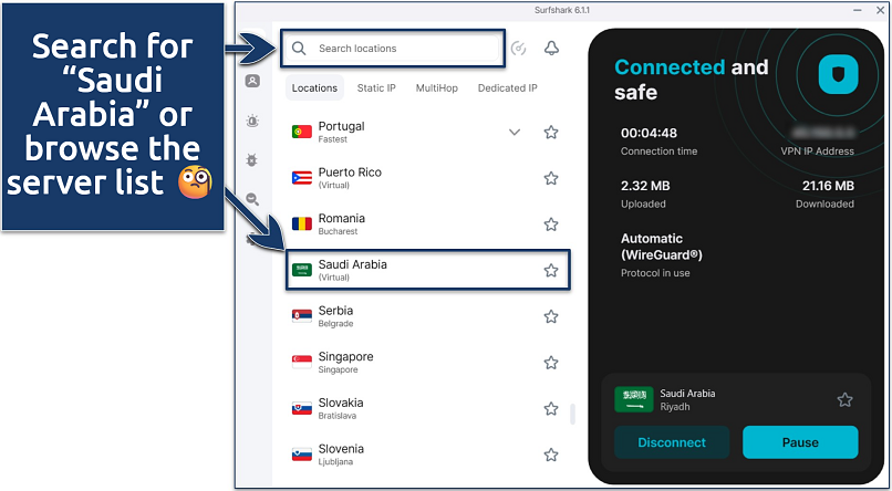 Screenshot of Surfshark's server selection screen with Saudi Arabia connected