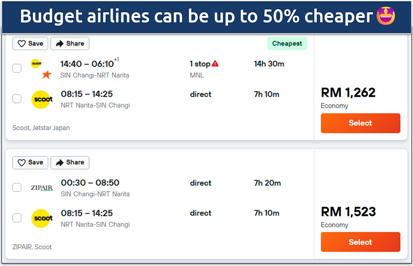 Screenshot of a Kayak flight search showing prices from budget carriers