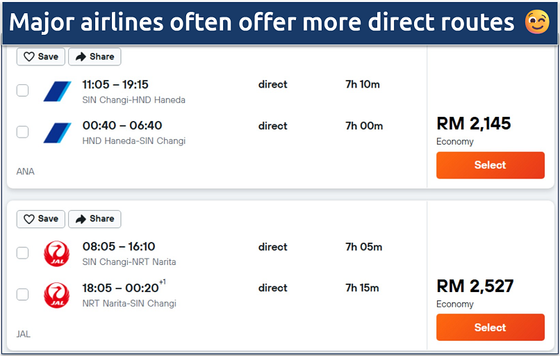 Screenshot of a Kayak flight search showing prices from major carriers