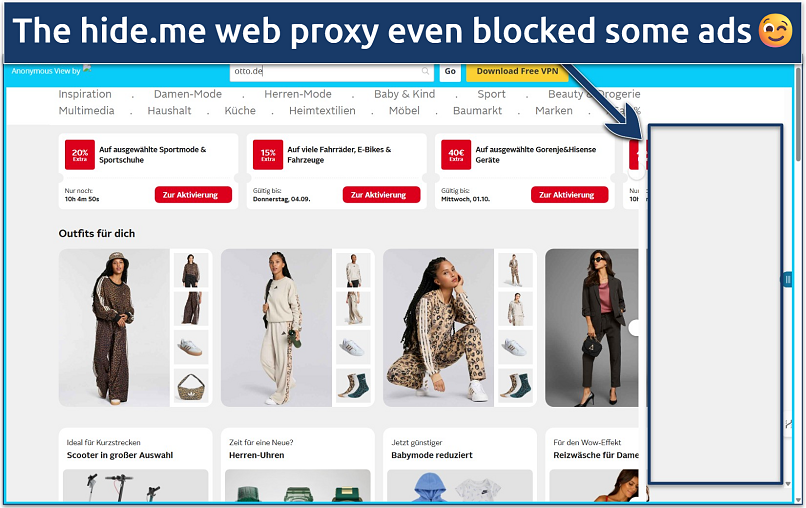 Screenshot of the Otto.de marketplace loaded via the hide.me web proxy
