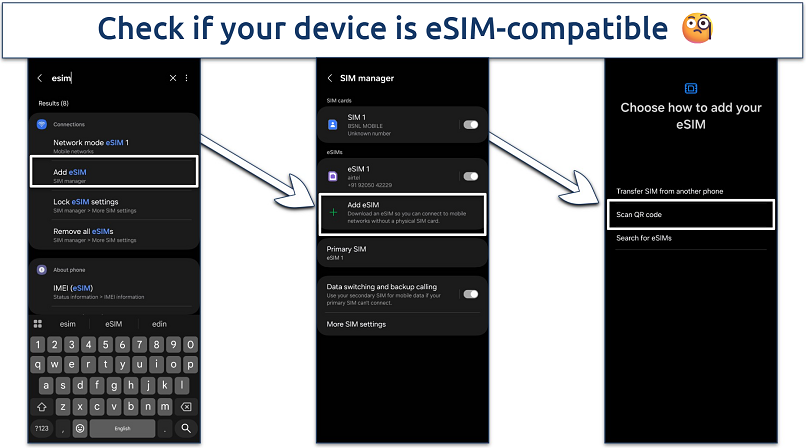 Screenshots showing the eSIM setup process on Android
