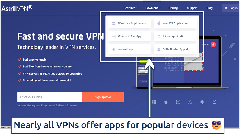 Screenshot of the AstrillVPN website showing the download options for different platforms