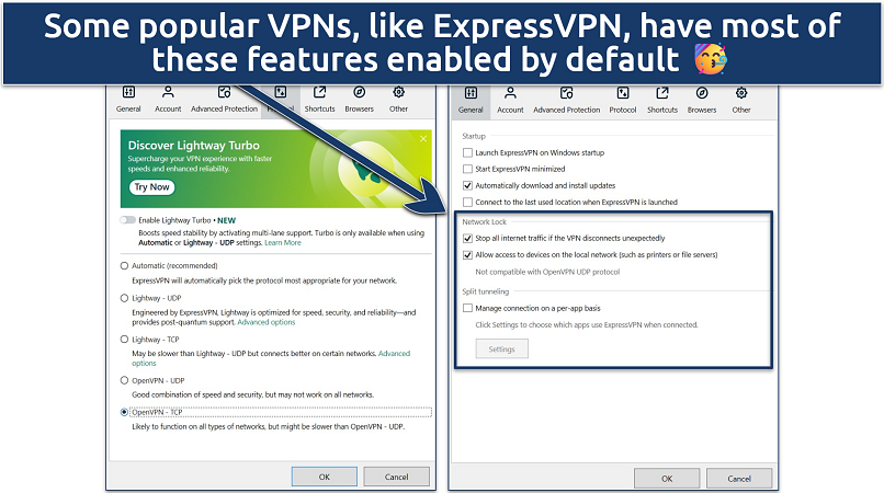 Screenshot of ExpressVPN's Windows app showing security and protocol settings