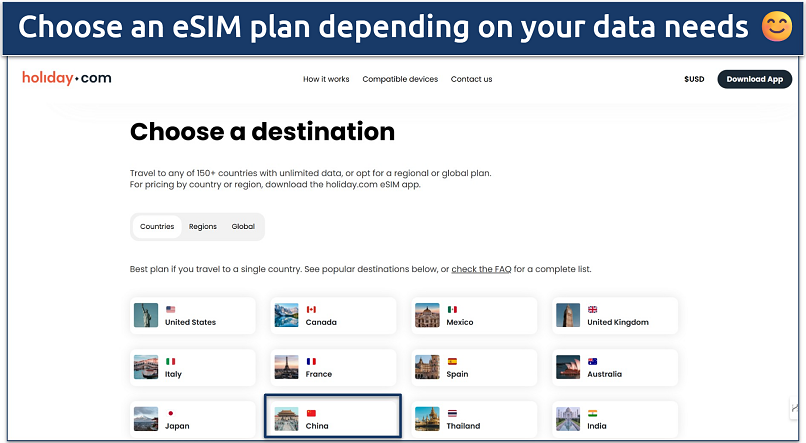 Screenshot of Holiday.com eSIM plans with China selected among global destinations
