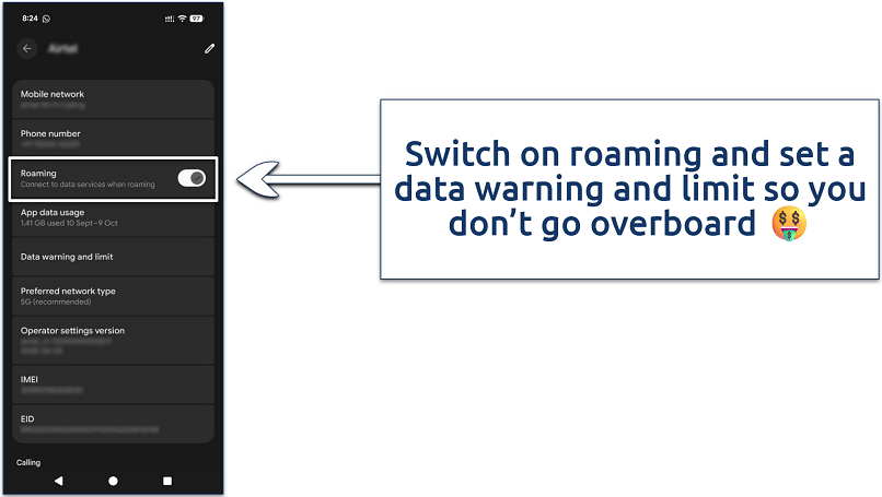 Screenshot of the SIM Roaming settings on Android