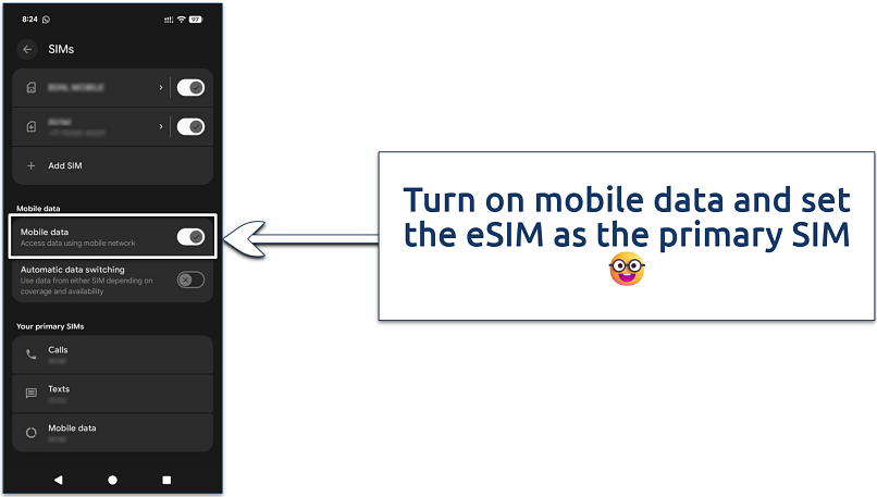 Screenshot showing how to enable mobile data in Android SIM settings