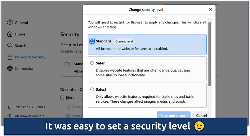 Screenshots of the Tor Browser Change security settings page
