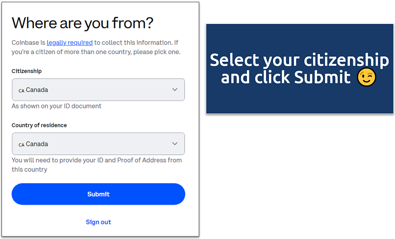 Screenshot of Coinbase signup page