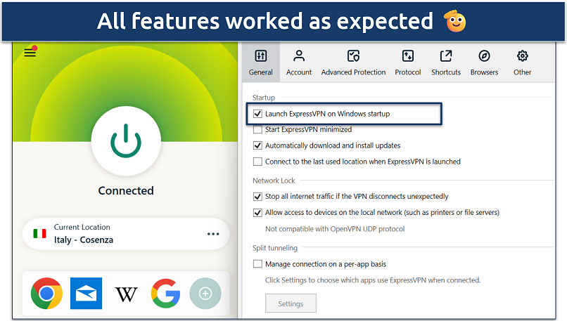 Screenshot of ExpressVPN desktop app showing General settings and VPN connected to Italy - Cosenza