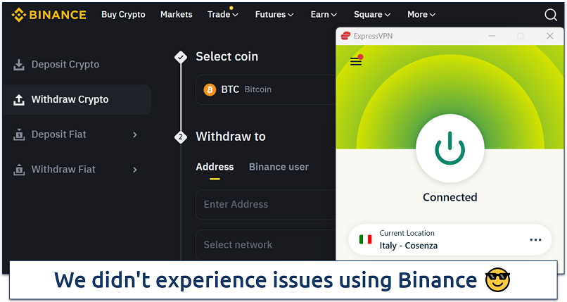 Screenshot of Binance withdrawal page with Bitcoin selected and ExpressVPN connected