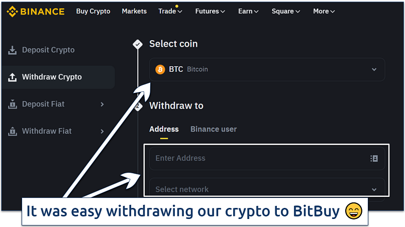 Screenshot of Binance withdrawal page