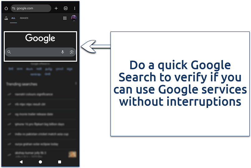 Screenshot of accessing Google on an eSIM network