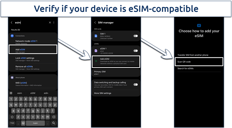 Screenshot of the eSIM setup process on Android
