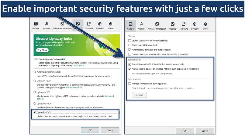 Screenshot of ExpressVPN's windows app security and protocol settings