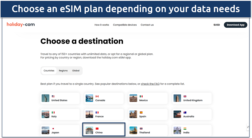 Screenshot of the Holiday China eSIM plans