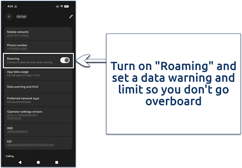 Screenshot of the SIM Roaming settings on Android