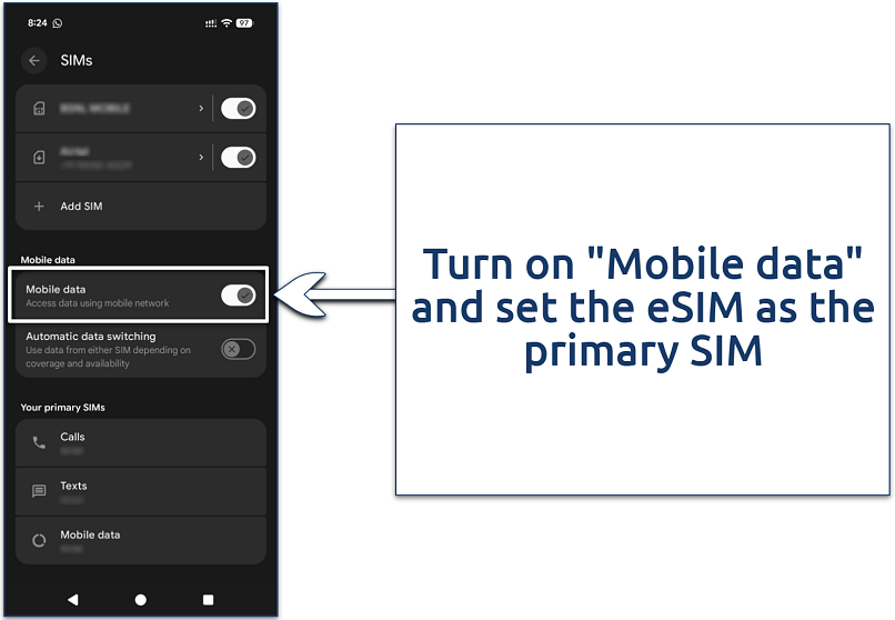 Screenshot of the SIM settings on Android