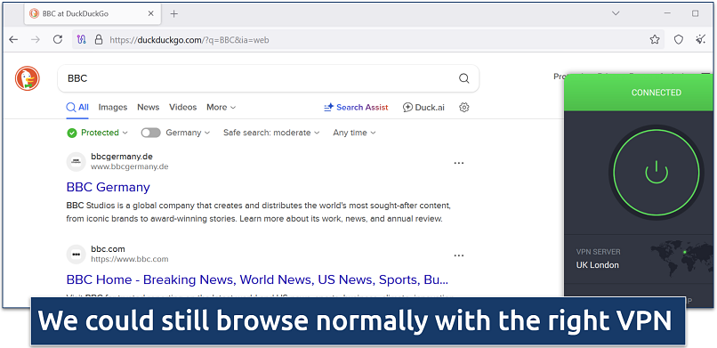 Screenshot showing DuckDuckGo search results for BBC
