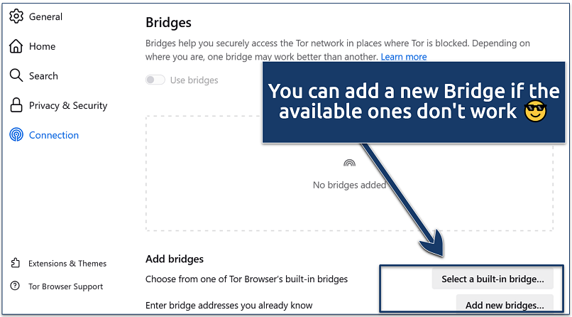 Screenshot of Tor Browser’s bridge configuration page with an arrow pointing to the option for selecting a built-in bridge