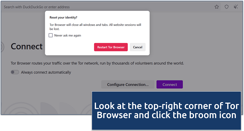 Screenshot of Tor Browser’s reset identity prompt showing the option to restart the browser