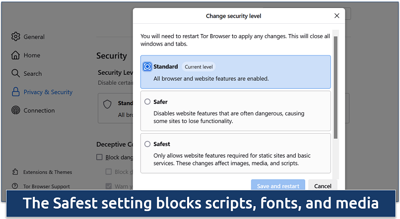 Screenshot of Tor Browser’s security settings