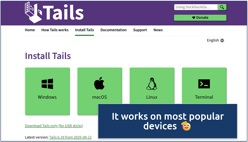Screenshot of the Tails OS installation page showing options for Windows, macOS, Linux, and Terminal