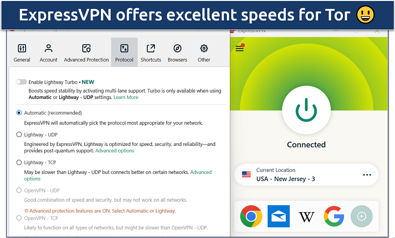 Screenshot showing ExpressVPN connected to a U.S. server with protocol settings displayed on the left panel