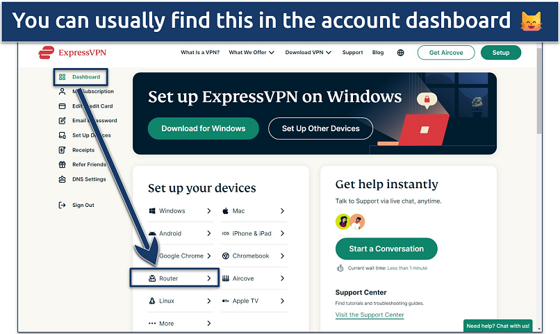 Screenshot of ExpressVPN's account dashboard with the “Set Up Your Devices” panel highlighted