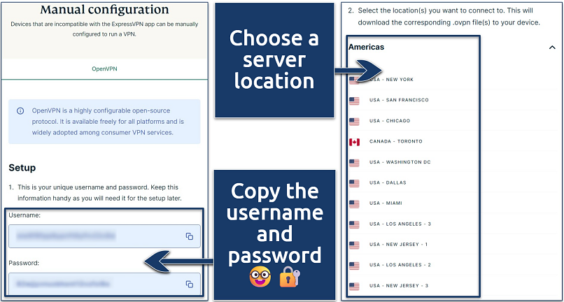 Screenshot of ExpressVPN’s Manual Configuration page highlighting the username and password, as well as the US server options
