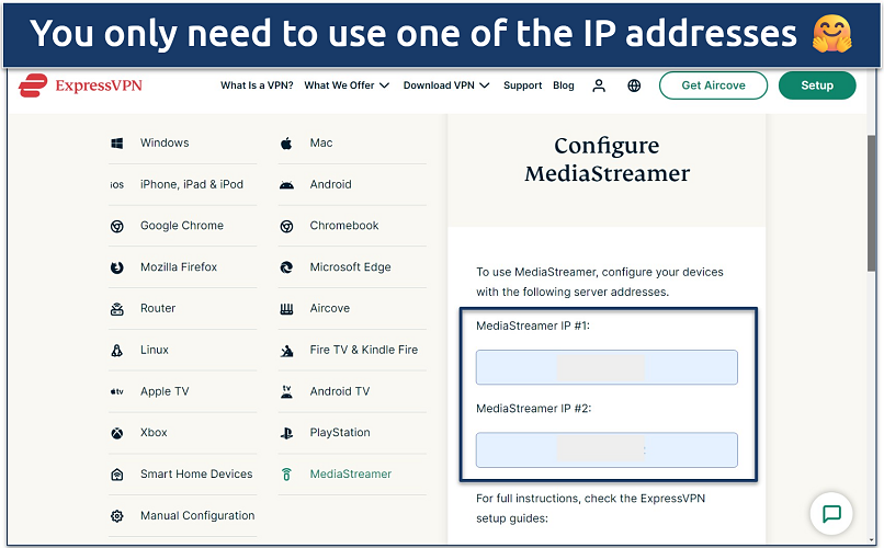 Screenshot of the MediaStreamer Smart DNS page in the ExpressVPN account dashboard