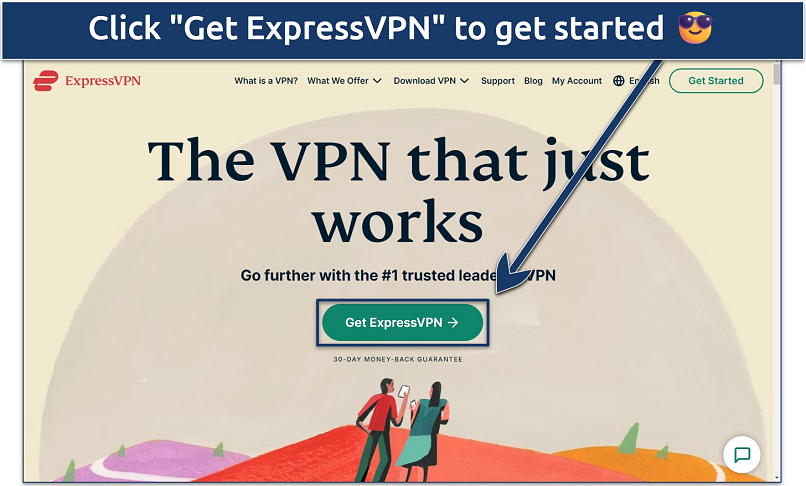 Screenshot of ExpressVPN's website homepage with the “Get ExpressVPN” button highlighted